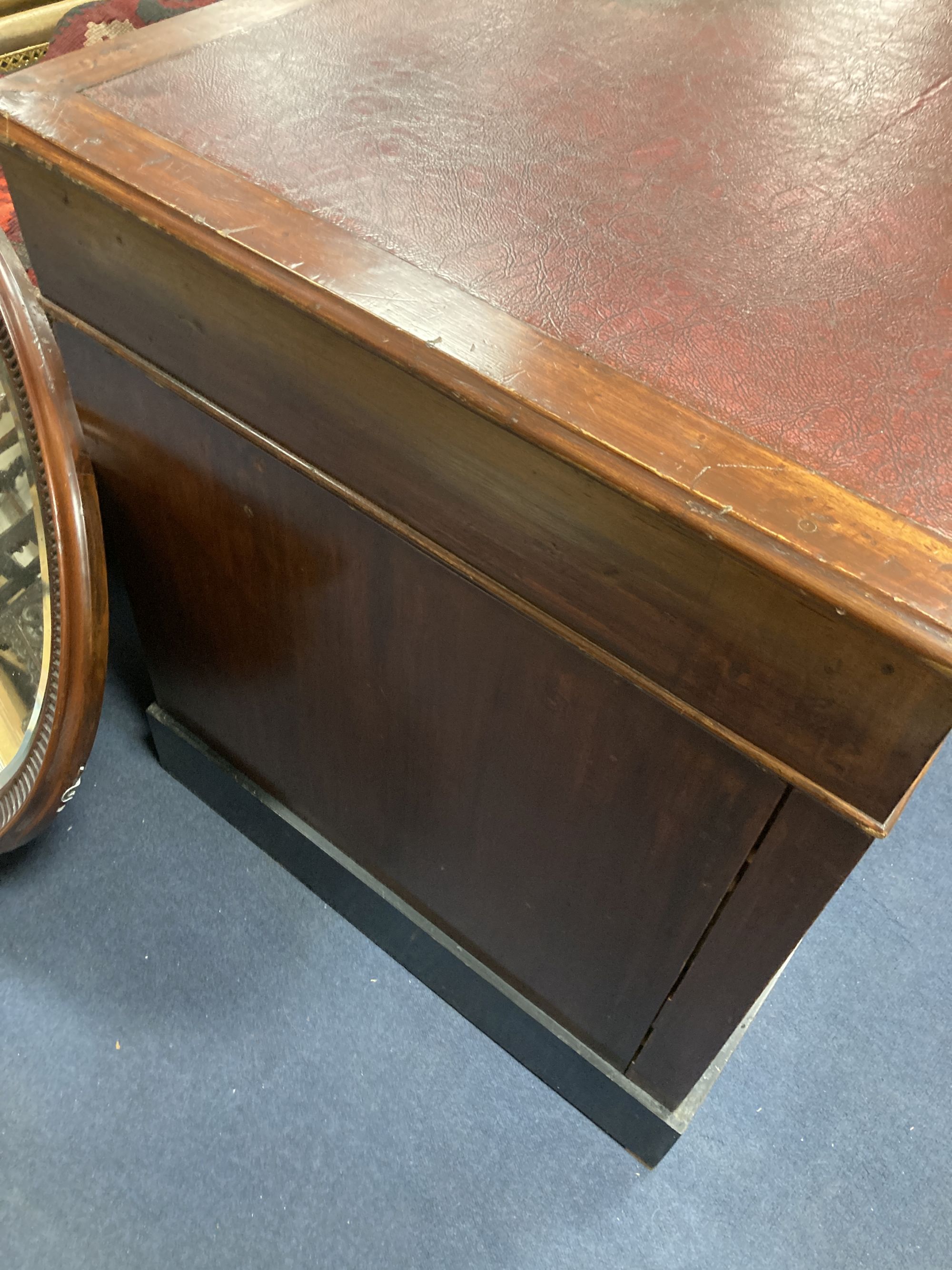 A 19th century and later military style mahogany military pedestal desk, width 140cm, depth 76cm, height 82cm